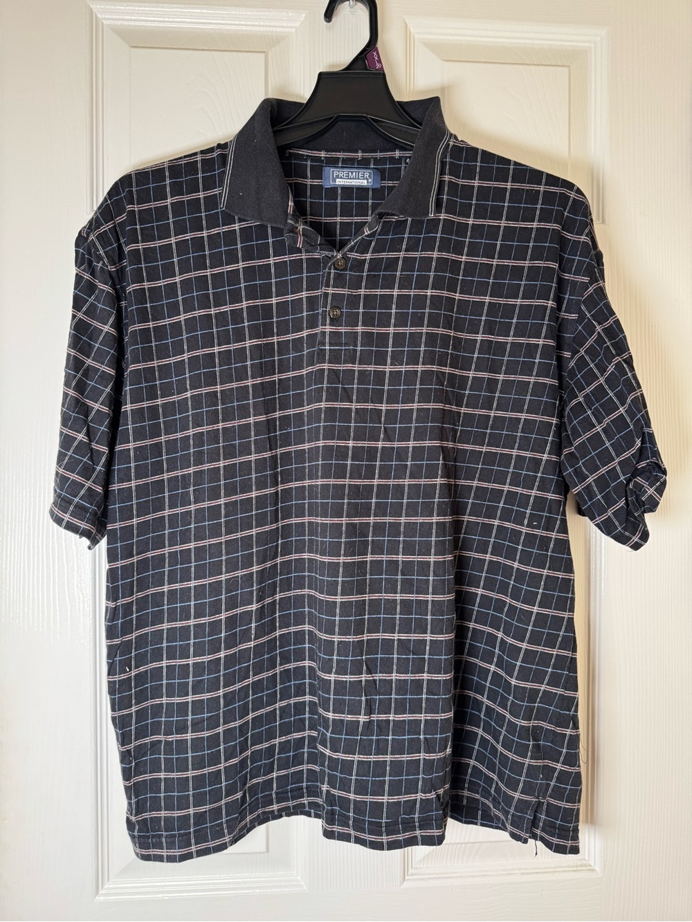 Premier Men's Black Plaid Short-Sleeve Polo with Subtle Blue Lines